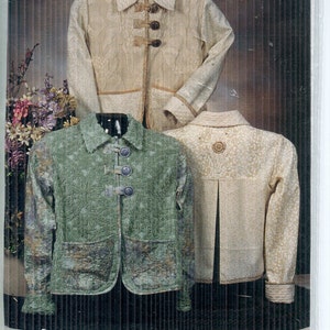 May include: Three swing jackets in beige and green, with button closures and pockets. The jackets have textured patterns and are displayed on a patterned background. The text "SWING JACKET" is visible at the bottom.