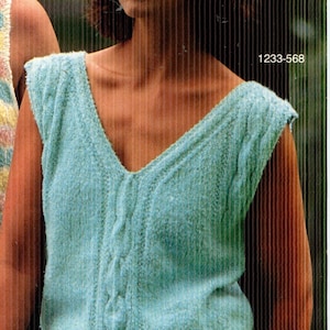 Misses Deep V Neckline Sleeveless Sweater Cable Detailing PDF Knitting Instructions Instant Download