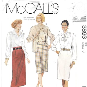 May include: McCall's sewing pattern 3893 for size 8, featuring illustrations of three slim skirts. The pattern envelope displays text including 'OUR EASY-FIT SLIM SKIRTS' and 'Personalized instructions by/par Palmer & Pletsch' with a barcode.