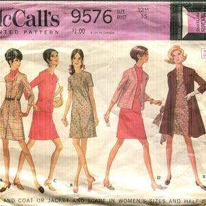 May include: Vintage McCall's 9576 printed sewing pattern. The pattern features illustrations of women's dresses, coats, and jackets. The pattern includes sizing information and the price of $1.00.