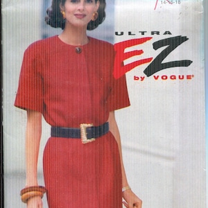 Misses Dress Pattern, Above Mid Knee, Extended Shoulders, Loose Fitting Blouson Bodice, Straight Skirt, Vintage Vogue 8310 1992, Sz 14 16 18