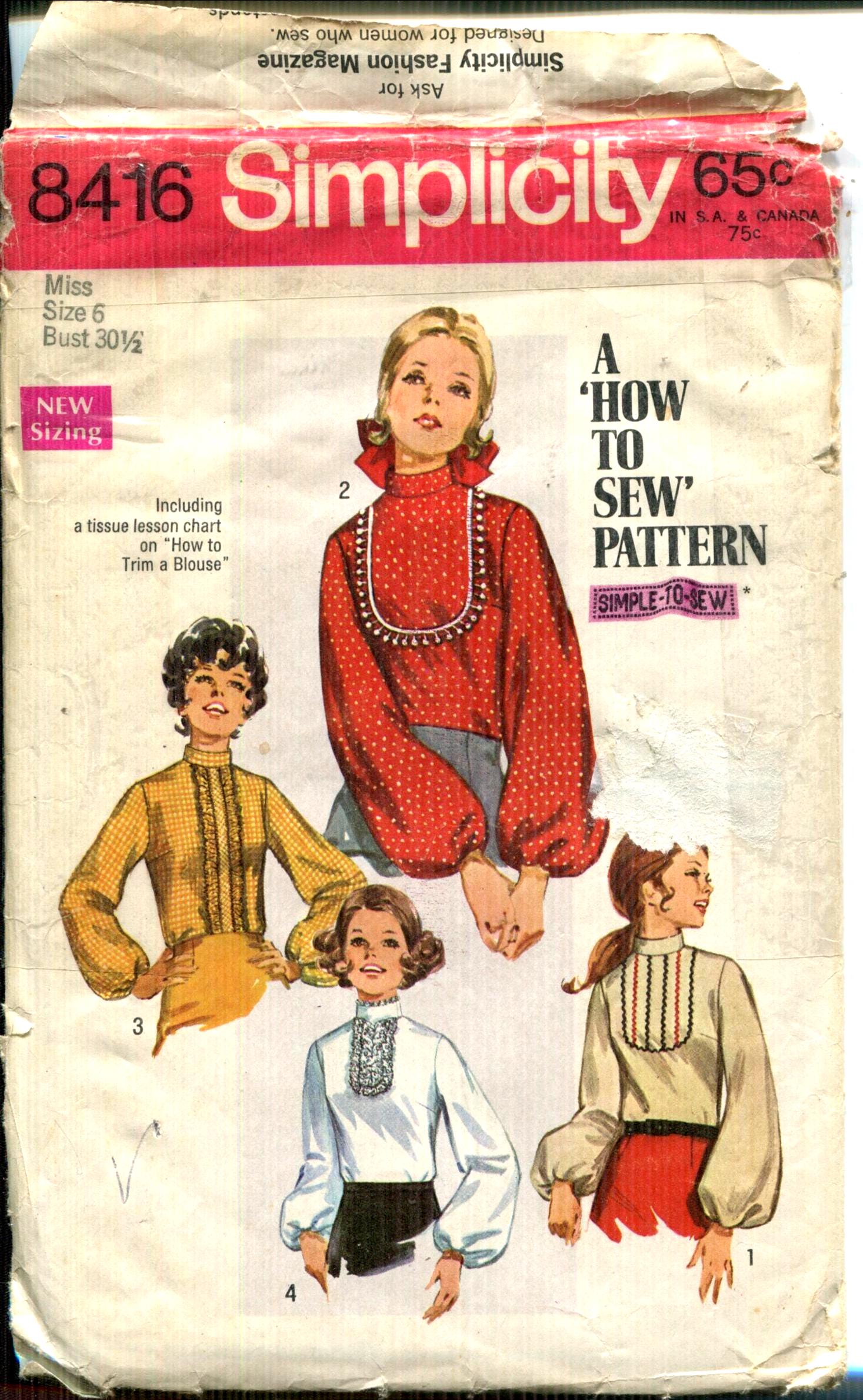 Vintage 1969 Simplicity Blouse Sewing Pattern 8416, Bust 30.5" CUT - Etsy