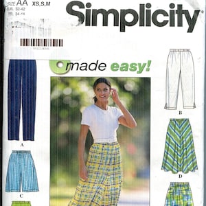 May include: Simplicity sewing pattern 7655, size AA, featuring various skirt and pants designs. The image shows a woman wearing a yellow plaid skirt. The pattern includes options for different styles and sizes.