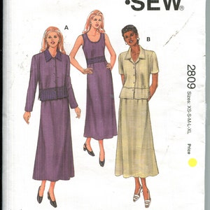 May include: Kwik Sew pattern 2809 for women's clothing. The pattern includes designs for a long skirt, a collared jacket, a sleeveless dress, and a short-sleeved button-up shirt. Sizes XS-XL are available. The pattern is designed by Kerstin Martensson.