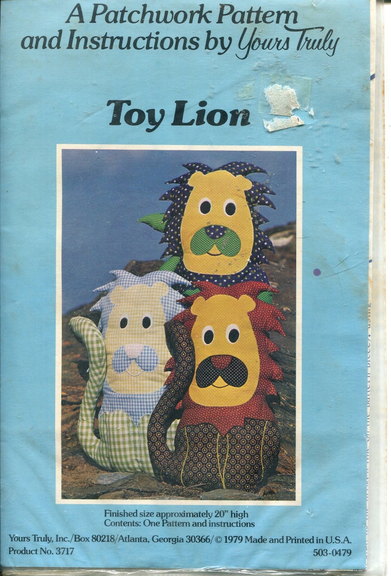 Patchwork Pattern and Instructions for 20" High Stuffed Toy Lion UNCUT/FF -Yours Truly Inc. 3717 image 1