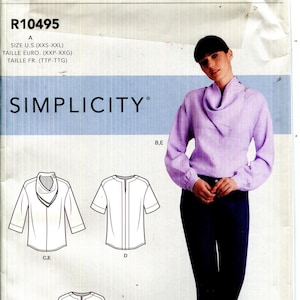 May include: Simplicity pattern R10495 features a woman wearing a lilac blouse with a cowl neck and long sleeves. The pattern includes multiple blouse designs, with size measurements in inches and centimeters.