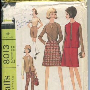 May include: Vintage McCall's pattern envelope, featuring illustrations of women's separates. The designs include a skirt suit, a skirt and sweater combination, and a shorts set. The envelope is marked with the number 8013 and pre-teen sizes 12-14, bust 31-33 inches.