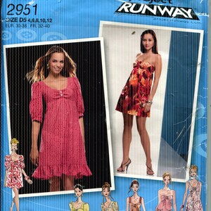Puede incluir: Patrón de costura Simplicity 2951 con diseños de vestidos variados. El paquete incluye imágenes de vestidos terminados y el texto "Project Runway". Talla D5, con medidas para tallas 4, 6, 8, 10 y 12.
