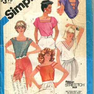 Pattern Misses Pullover Tops, Blouses For Stretch Knits Only, CUT Simplicity 6412-One Yard series Dated 1982 -Sizes 10 Bust 32 1/2