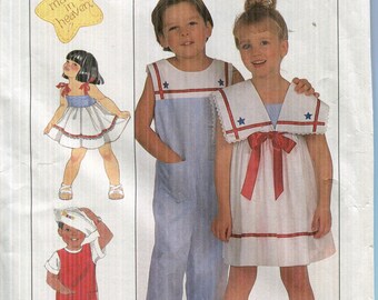 Children&#39;s Unisex Pattern Toddler Childs Overalls In 2 Lengths and Dress w/Detachable Collar-UNCUT/FF Simplicity 9073-Dated 1989-Sizes 2