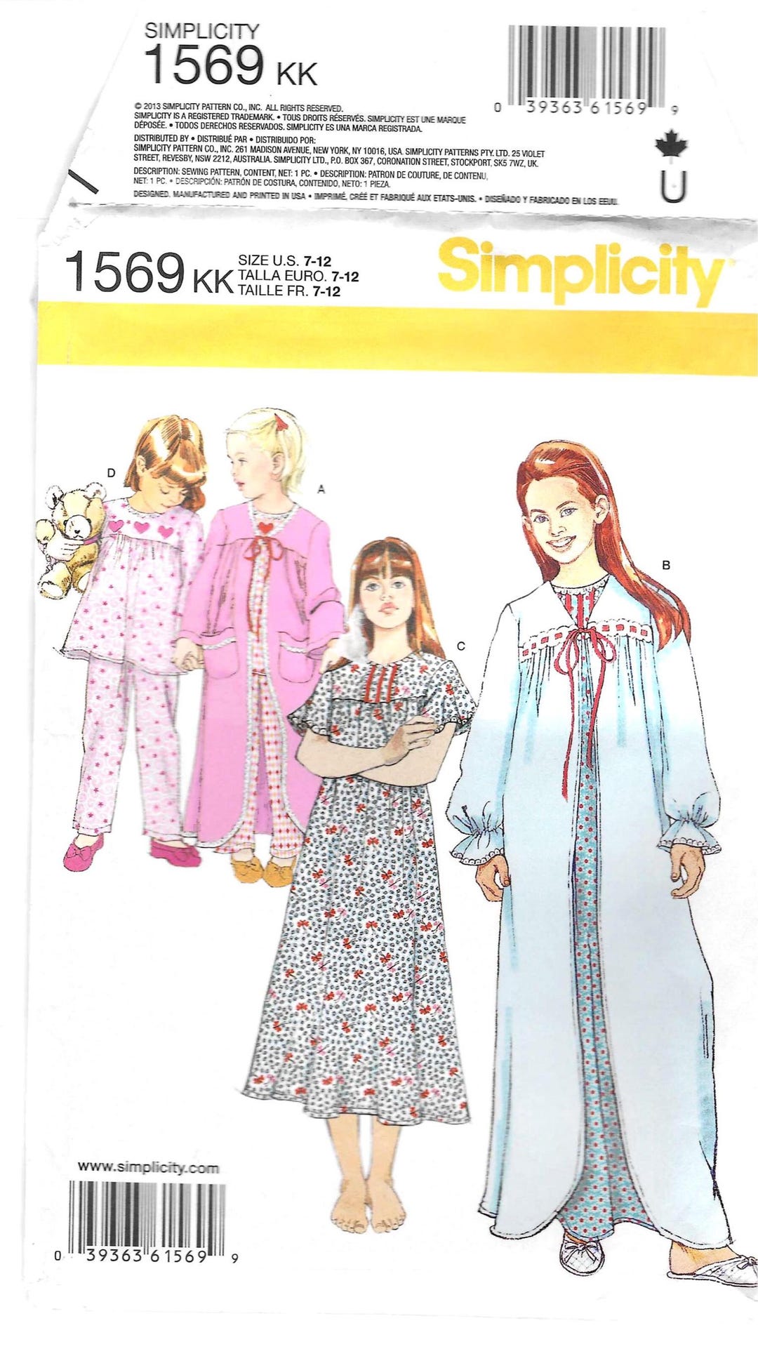 Girls Children's Robe Pajama Set Pattern Simplicity 1569 2013 Sizes 7 ...