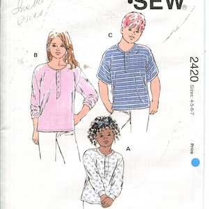 Pattern Childrens Boys Girls Shirts have Extended Shoulders and Front Slit Button Closure UNCUT/FF Kwik Sew 2420-Dated 1980&#39;s-Sizes 4 5 6 7