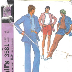 May include: Vintage McCall's 3581 sewing pattern featuring illustrations of men's patio jacket, pants, walking shorts, and swim trunks. The pattern includes measurements for a 40-inch chest and a 34-inch waist. The pattern is step-by-step.