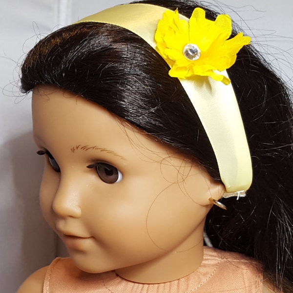 18" Girl Doll Yellow Ribbon Headband / Hairband, Yellow Daisy with Clear Gem -American Doll  One Size