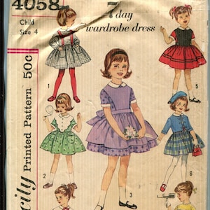 Pattern Pattern Childrens Girls Toddlers 7 Day Wardrobe Dresses Sets In Sleeves, Jacket, Pinafore-CUT Simplicity 4058-Dated 1960's-Sizea 4