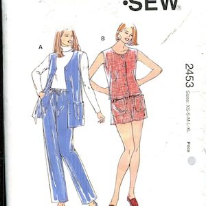 May include: Kwik Sew sewing pattern 2453 featuring illustrations of two outfits: a blue vest and pants ensemble, and a red plaid top and shorts set. The pattern includes sizes XS to XL.