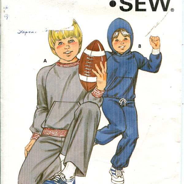 Pattern Children's Boys -Sweatsuit, Jogging Suit, Pullover Top, Hooded Top, Pull on Pants-CUT Kwik Sew 1149-Date 1980s- Description for Size