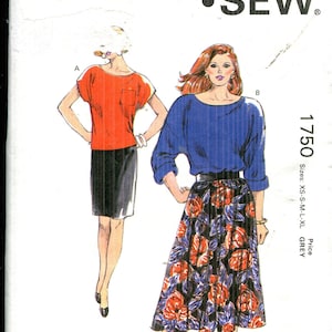 May include: A vintage sewing pattern from Kwik Sew, pattern 1750, featuring illustrations of two women's outfits. One outfit includes an orange top and black skirt, the other a blue top and floral skirt. The pattern includes sizes XS-XL.