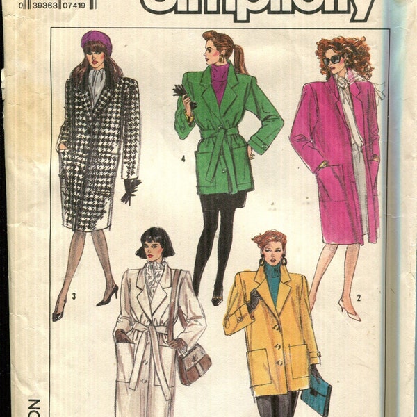 Pattern Misses' Button Front Coat, Three Lengths, Set In Sleeves, Notched Collar, Patch Pockets  UNCUT/FF Simplicity 8872-Dated 1988 Size 12