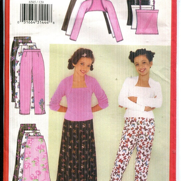 Pattern Girls Childs Long Sleeve Shrug, Close Fitting Spaghetti Strap Top, Pants, Skirt UNCUT/FF Butterick 6565-Date 2000-Sizes 12 14 16
