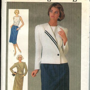 May include: Simplicity sewing pattern featuring a woman in a white blazer with black stripes and a navy blue skirt. The pattern includes illustrations of different outfit options. The pattern size is 10, EUR 38.
