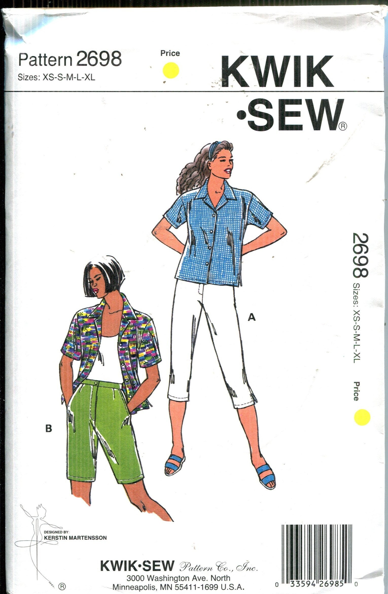 Pattern Misses' Fitted Capri Pants, Fitted Shorts, & Button Front Loose Fitting Shirt  UNCUT/FF Kwik Sew 2698 Date 1980's Sizes Xs S M L Xl