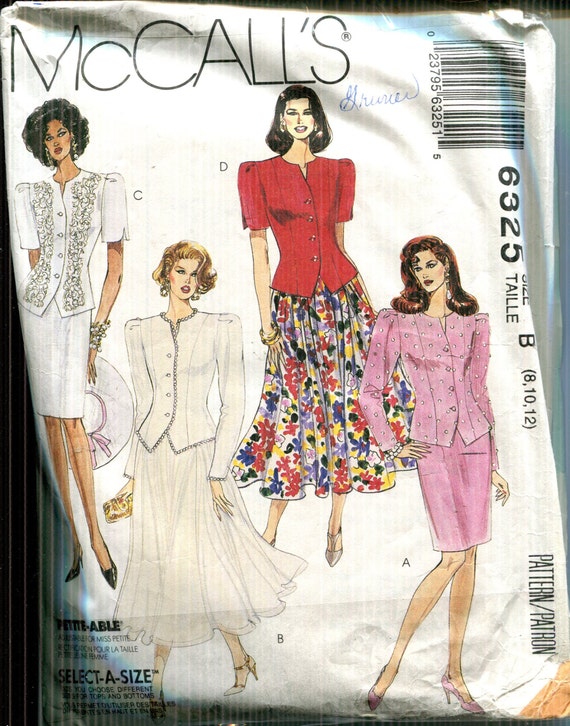 Misses' Pattern Semi Fitted Unlined Jacket, Princess Seamed and Skirts,  -CUT SZ 12*See description-Mccalls 6325 Dated 1993 -Sizes 8-10 12