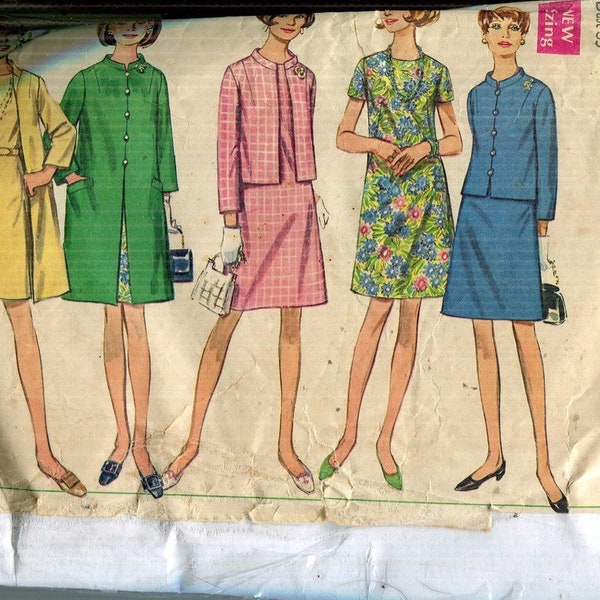 Pattern Misses' Lined Jacket , Lined Coat, Collarless Dress with lowered round neckline CUT-Simplicity 7488 Dated 1967 Sizes 16 1/2 Bust 39