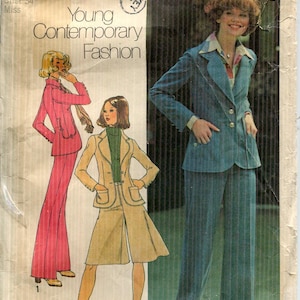 May include: A vintage Simplicity sewing pattern showing illustrations of women's suits. The pattern includes a teal pantsuit, a pink suit, and a tan shorts suit. The text reads "Young Contemporary Fashion."