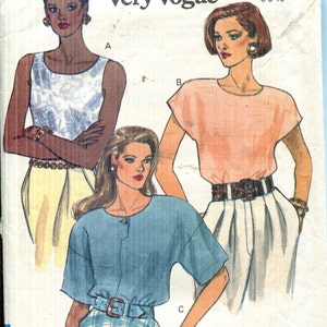 Vintage 1988 Vogue 8062 Loose Fitting Pullover Blouse Pattern,  Neckline Variations, Cap Sleeves, Drop Shoulders Sizes 6 8 10 CUT