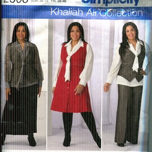 May include: Simplicity sewing pattern 2566, featuring the Khaliah Ali Collection. The pattern includes options for a vest, long-sleeve shirt, skirt, pants, and a button-down dress. The pattern sizes are AA 10, 12, 14, 16, and 18.