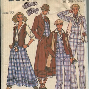 May include: Vintage Butterick pattern 6253 featuring four fashion illustrations. The designs include a skirt, pants, and jacket in plaid and solid fabrics. The pattern includes a "Quick Tip" for fitting pants. The price is $2.00.