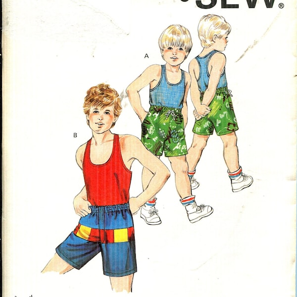 Pattern Children's Boys Tank Tops Scoop Neckline Shorts with Elastic Waistline UNCUT/FF Kwik Sew 1528 Dated 1980's-Sizes 8 10 12 14