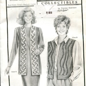 May include: A sewing pattern envelope for Ann Person Collectibles 4039 Decorated Vest, featuring illustrations of two vest styles. View A shows a long vest with a woven front panel, and View B shows a shorter vest with vertical textured stripes.