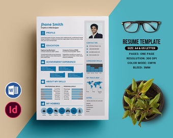 Clean Resume Template, Minimal CV Design (MS Word, Indesign)