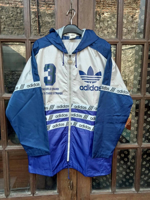 ADIDAS Veste Vintage 90s Made in Indonesia Trefoil 3 Bandes Bleu