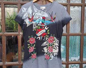 Vintage Y2K Ed Hardy by Christian Audiger Tshirt Tunic Printed Flower Sz XL Women Slim