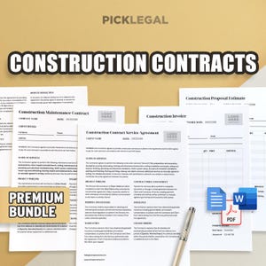 Peut inclure: Un ensemble premium de contrats de construction pour la maintenance, les accords de service, les factures et les propositions. Le lot comprend quatre documents avec un espace réservé pour le logo, un champ de date et une étiquette "Premium Bundle".