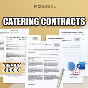 Könnte beinhalten: Ein digitales Download-Paket mit vier Catering-Verträgen, darunter ein Catering-Wartungsvertrag, eine Catering-Dienstleistungsvereinbarung, eine Catering-Projekt-Rechnung und eine Catering-Projekt-Kostenvoranschlag. Das Paket ist mit "Premium Bundle" gekennzeichnet und enthält Symbole für Microsoft Word, Adobe PDF und Google Docs.