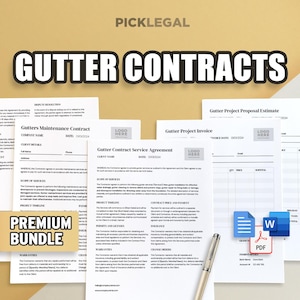 May include: A collection of gutter contract templates, including a maintenance contract, service agreement, and invoice. The documents are white with black text, and the image includes a pen and the words "GUTTER CONTRACTS" and "PREMIUM BUNDLE".