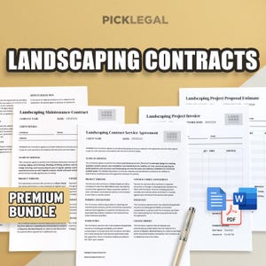 May include: A premium bundle of landscaping contracts, including a maintenance contract, service agreement, project invoice, and project proposal estimate. The documents feature a logo placeholder, space for client details, and a date field. The bundle is available in PDF and Word formats.