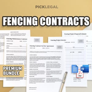 May include: A premium bundle of four printable fencing contracts for businesses. The contracts include a maintenance contract, a service agreement, a project invoice, and a project proposal estimate. The documents are in a professional, modern design with a logo placeholder.