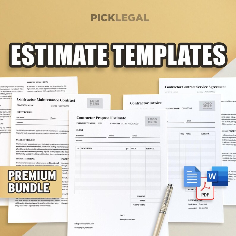 Contractor Estimate Template Bundle: Invoice, Maintenance (google Docs ...