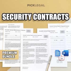 Könnte beinhalten: Ein Bündel aus vier druckbaren Sicherheitsvertragsvorlagen für Unternehmen. Die Verträge umfassen einen Wartungsvertrag, eine Dienstleistungsvereinbarung, eine Projekt-Rechnung und eine Projektkostenschätzung. Die Dokumente sind in einem professionellen, modernen Design mit einem Platzhalter für das Logo und Platz für Firmeninformationen gestaltet. Das Paket ist in den Formaten PDF und Word verfügbar.