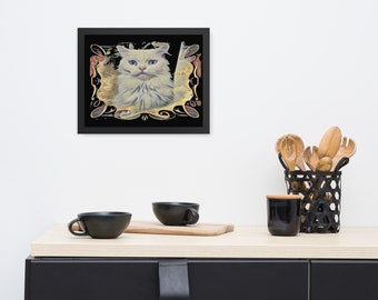 Cat Wall Art, Surreal White Cat, Art Print, Painting Quirky, Whimsical Art, Fantasy Artwork, Framed Poster, Original Artwork, Gifts Outsider