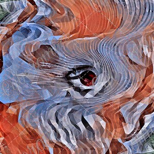 Può includere: Opera d'arte digitale astratta con un primo piano di un occhio stilizzato. L'opera utilizza una tavolozza di colori arancione, blu e grigio, con una prominente pupilla rossa. Lo stile è geometrico e strutturato, con una miscela di forme organiche e angolari.