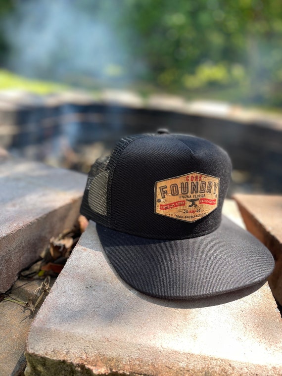 Cork Patch Hat, for Bands, merch, swag, Cork hats, cork, leather patch, trucker, western, country, cowboy, personalized,