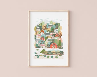 Village d’hiver | | d’illustration de Noël | d’art Giclèe Hoglet&Co