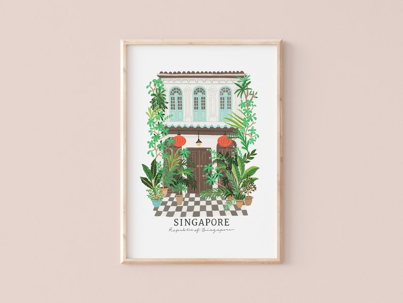 May include: A framed illustration of a traditional Singaporean shophouse with a checkered floor, green plants, and red lanterns. The text "SINGAPORE" and "Republic of Singapore" is below the illustration.