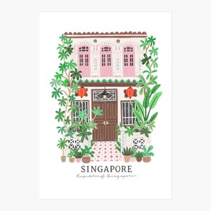 May include: A colorful illustration of a traditional Singaporean shophouse with pink doors and windows, surrounded by lush green plants. The text "SINGAPORE" and "Republic of Singapore" is written below the house.